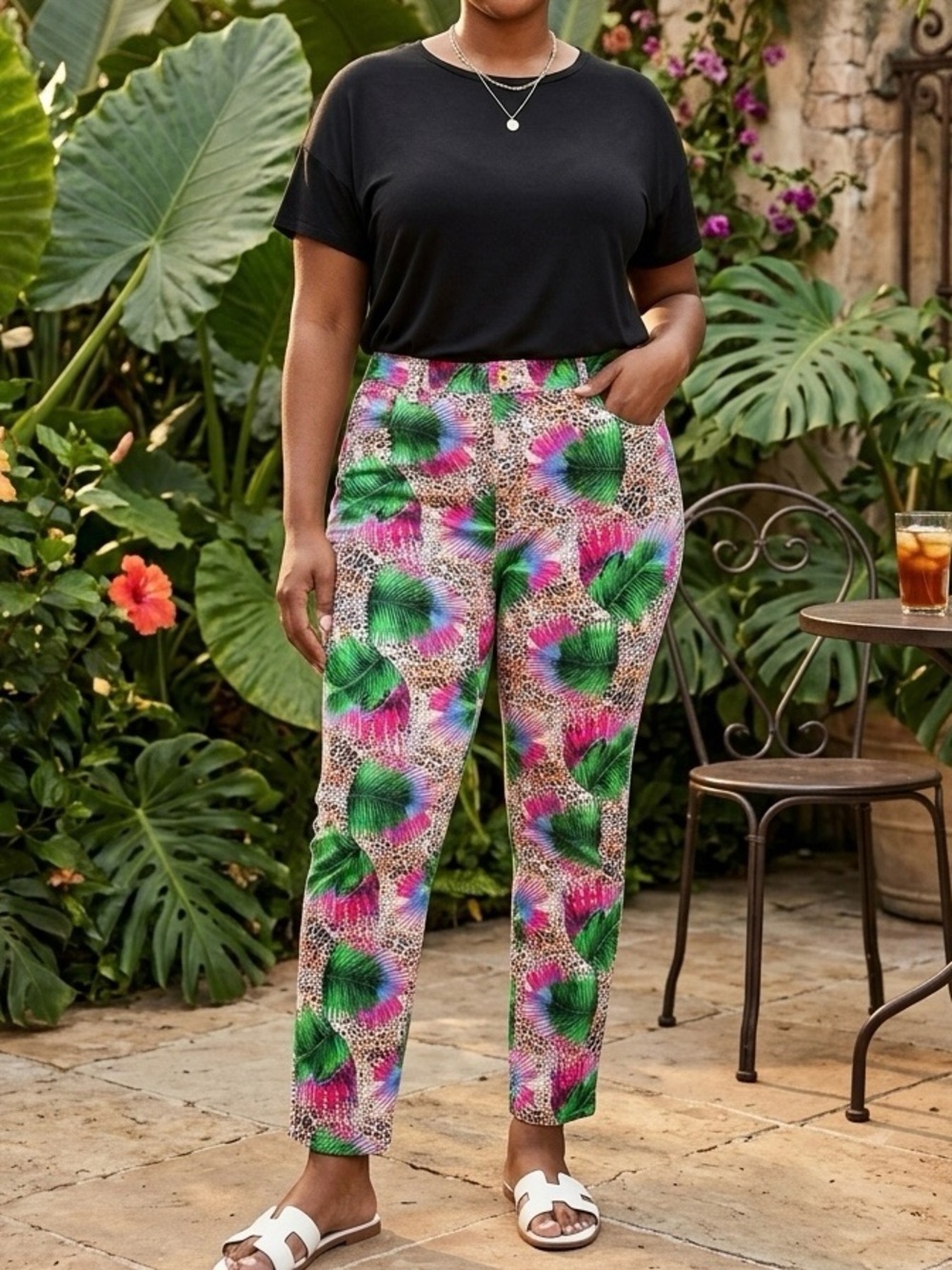 DG2 Diane Gilman Tropical Leopard Print Straight Leg Pants Size 14 Maximalist